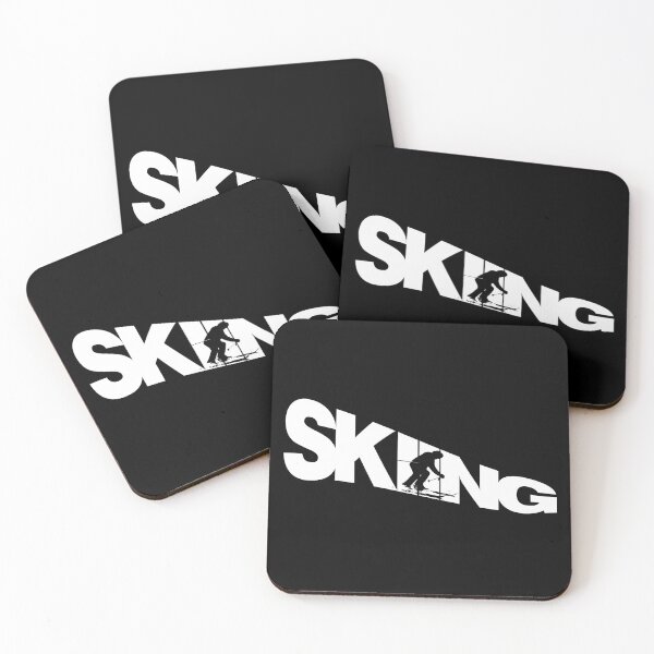 Item preview, White Skiing Text with Black Silhouette Downhill Skier on Black Background designed and sold by Karen McFarland.