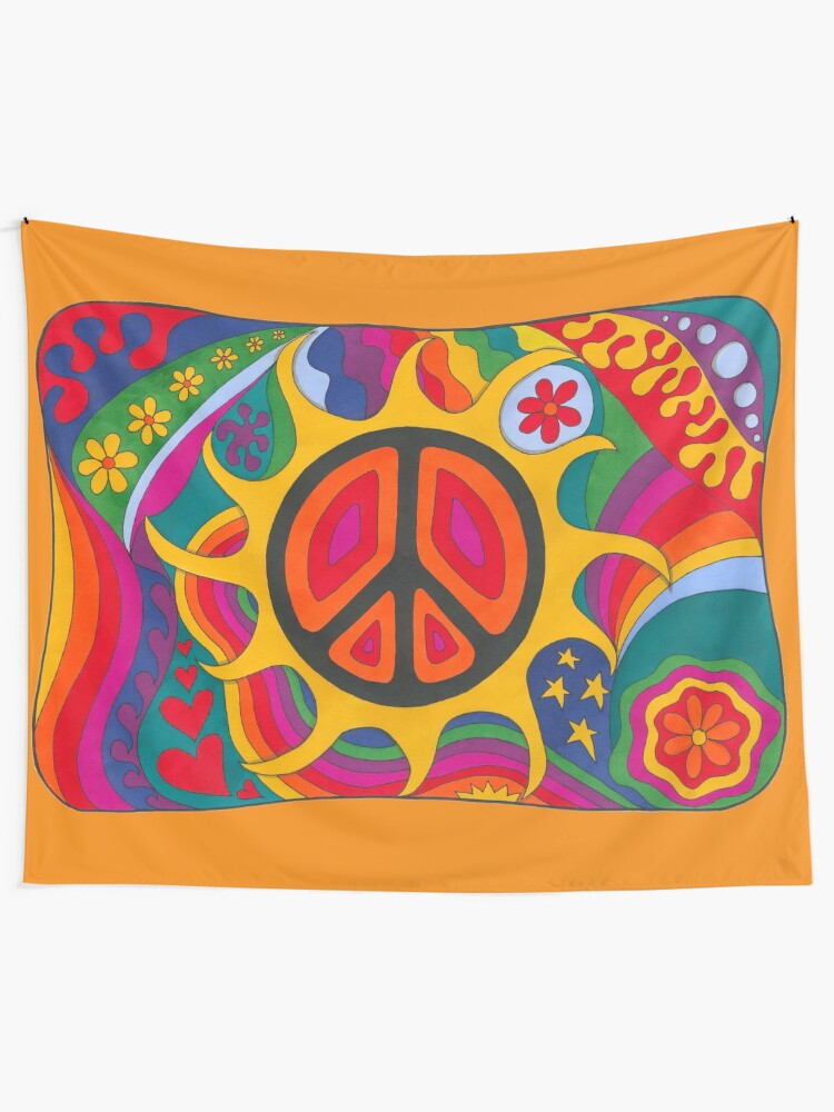 Alternate view of Psychedelic Flaming Peace Tapestry