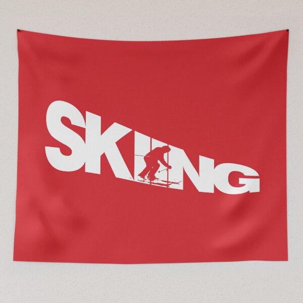 Item preview, White Skiing Text with Red Silhouette Downhill Skier on Red Background designed and sold by Karen McFarland.