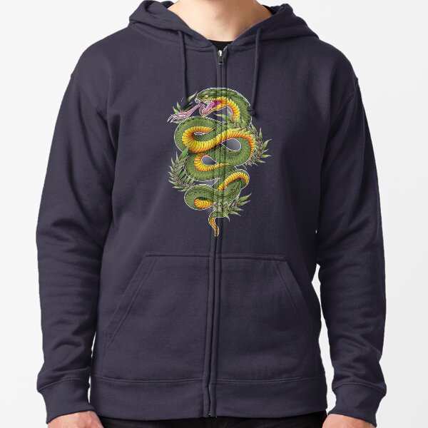 Green oriental snake with laurel leaves Zipped Hoodie