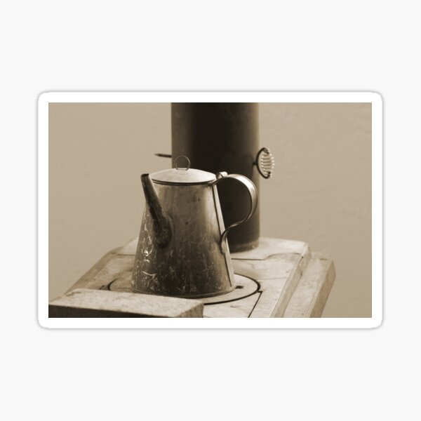 Coffee Pot on Cast Iron Stove in Sepia - Fort Stanton New Mexico Sticker