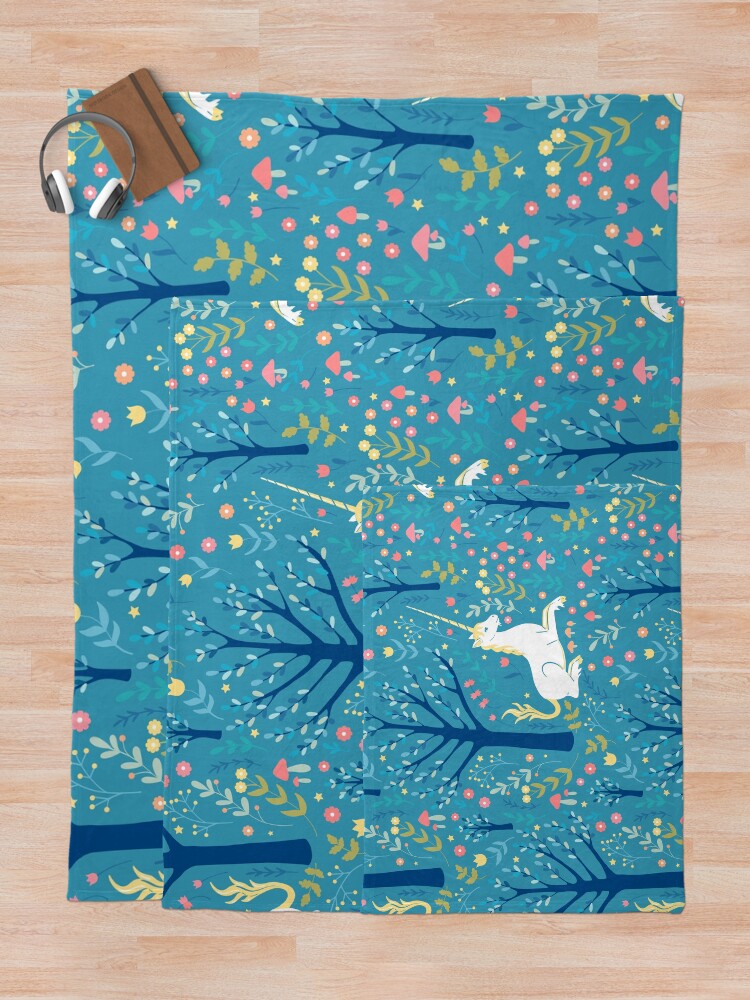 Alternate view of Teal unicorn garden Throw Blanket