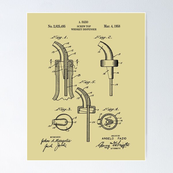 Vista previa del artículo con la obra «Whisky Shot Dispenser Patent Print 1958», diseñado y vendido por MadebyDesign.