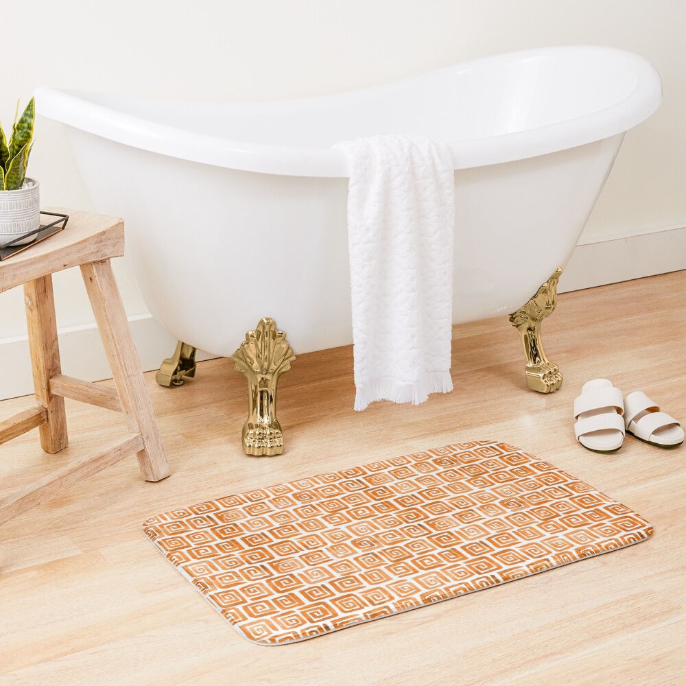 Watercolor Greek Key Pattern - Orange Bath Mat