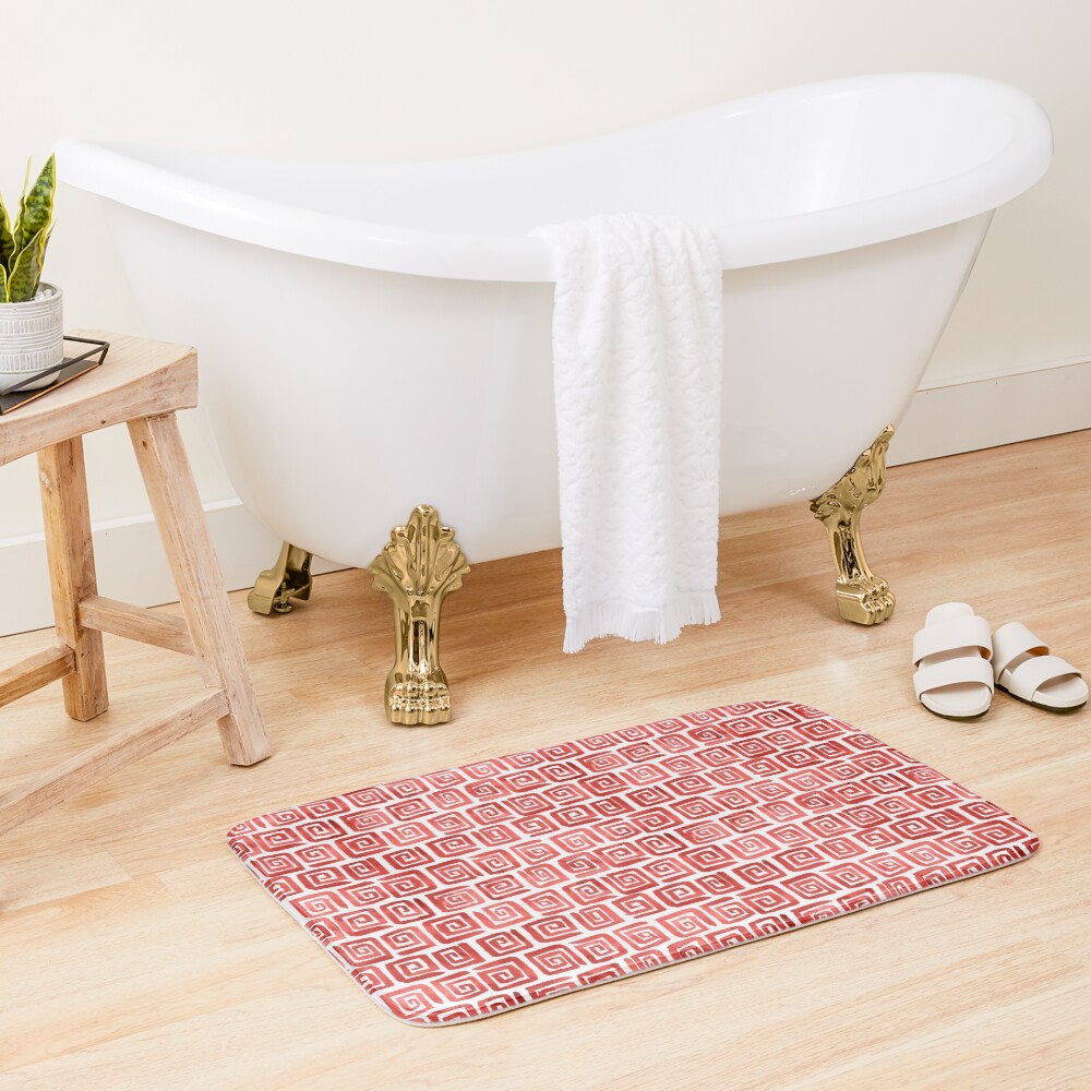 Watercolor Greek Key Pattern - Red Bath Mat