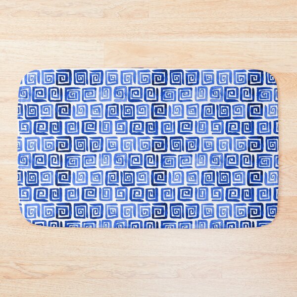 Watercolor Greek Key Pattern - Royal Blue Bath Mat