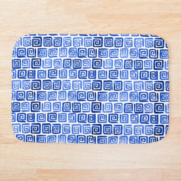 Watercolor Greek Key Pattern - Royal Blue Bath Mat