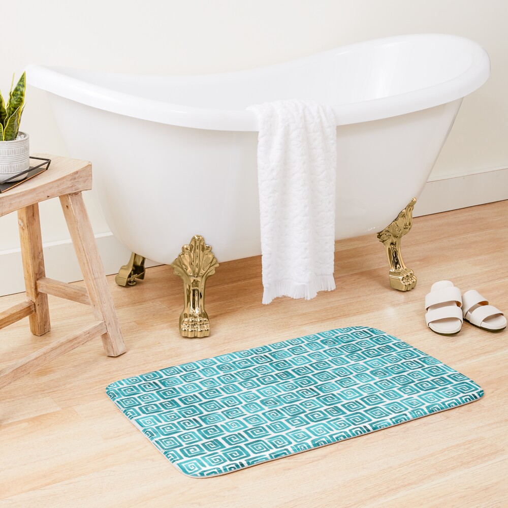 Watercolor Greek Key Pattern - Teal Bath Mat