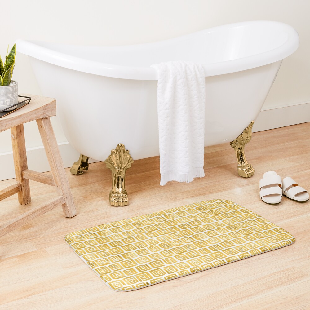 Watercolor Greek Key Pattern - Mustard Yellow Bath Mat