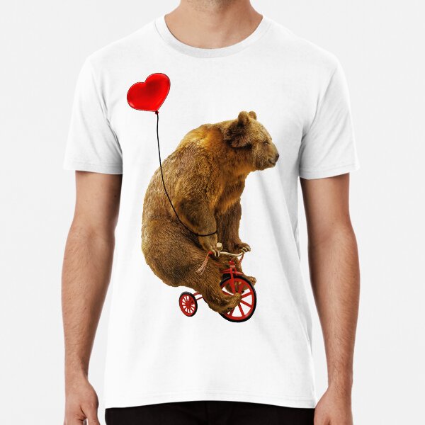 Grizzly Bear Riding a Red Tricycle with Heart Balloon Premium T-Shirt