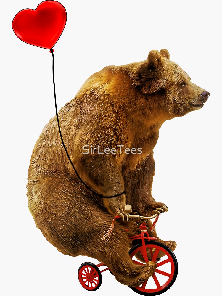 "Grizzly Bear Riding a Red Tricycle with Heart Balloon" Sticker by SirLeeTees Redbubble