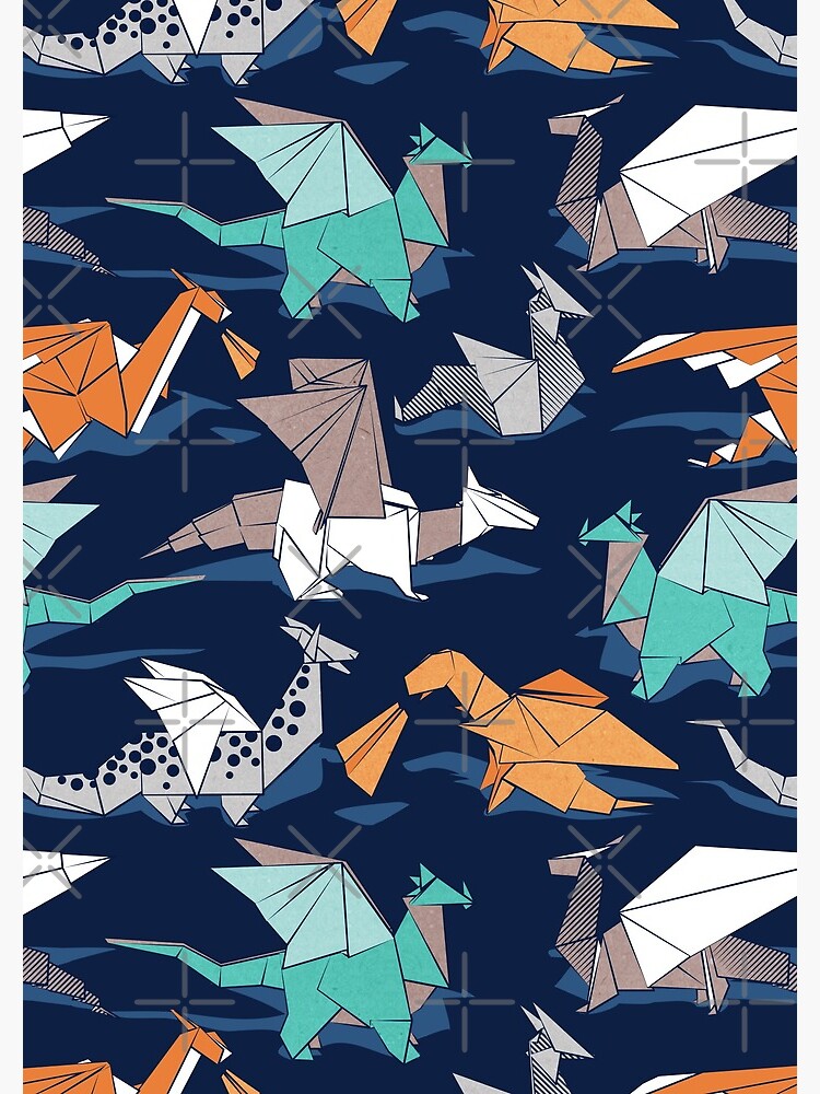 Origami dragon friends // oxford navy blue background by SelmaCardoso
