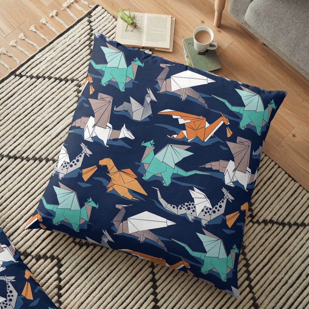 Origami dragon friends // oxford navy blue background Floor Pillow