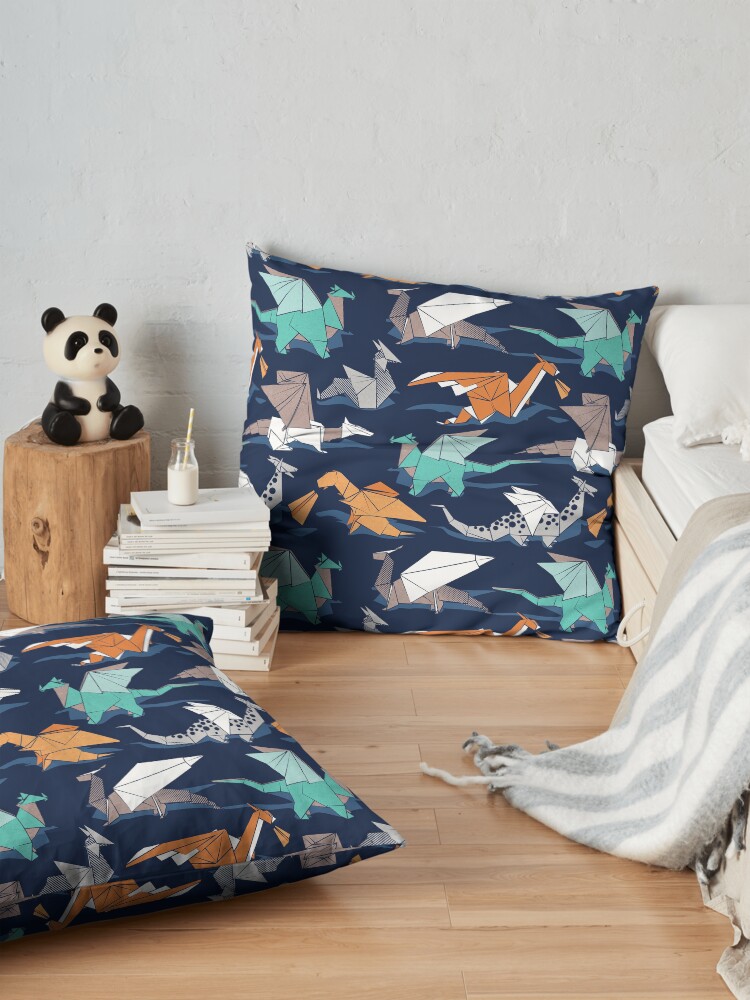 Alternate view of Origami dragon friends // oxford navy blue background Floor Pillow