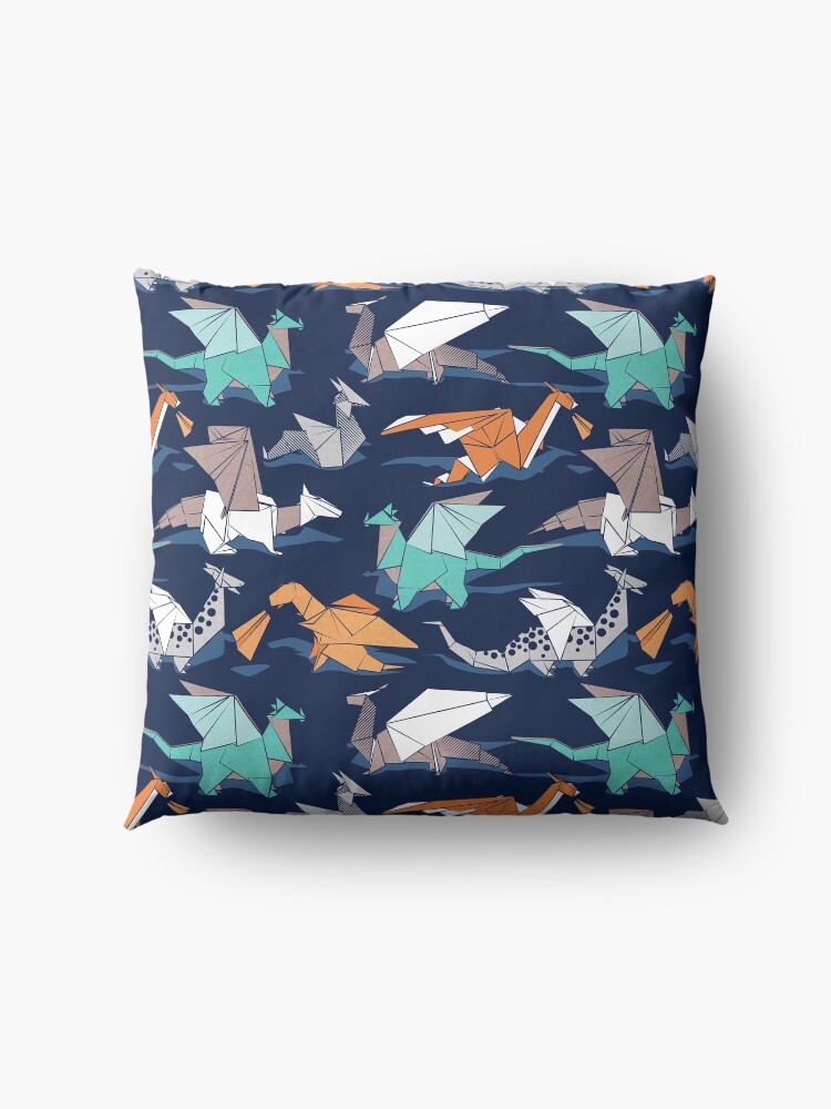 Alternate view of Origami dragon friends // oxford navy blue background Floor Pillow