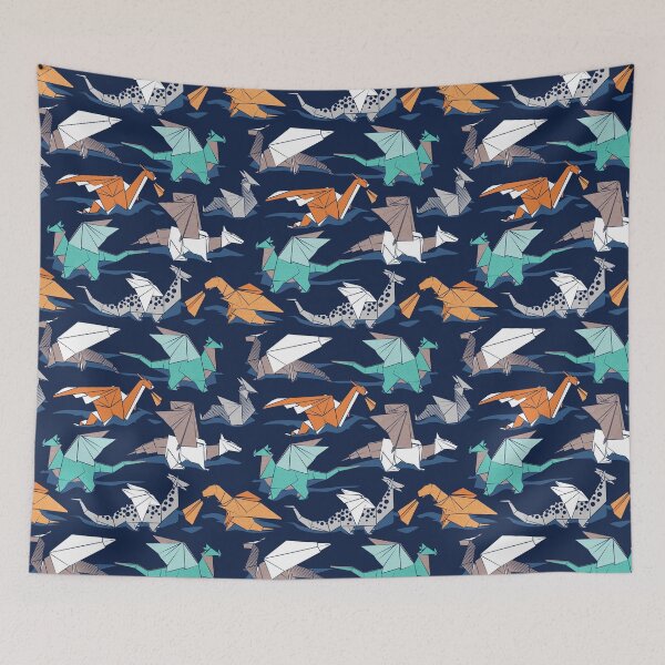 Item preview, Origami dragon friends // oxford navy blue background designed and sold by SelmaCardoso.