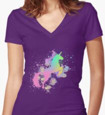 Fantasy Rainbow Paint Splattered Unicorn Women's Fitted V-Neck T-Shirt