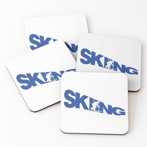 Item preview, Blue Skiing Text with White Silhouette Downhill Skier on White Background designed and sold by Karen McFarland.