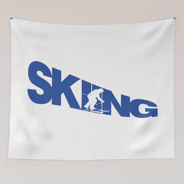 Item preview, Blue Skiing Text with White Silhouette Downhill Skier on White Background designed and sold by Karen McFarland.
