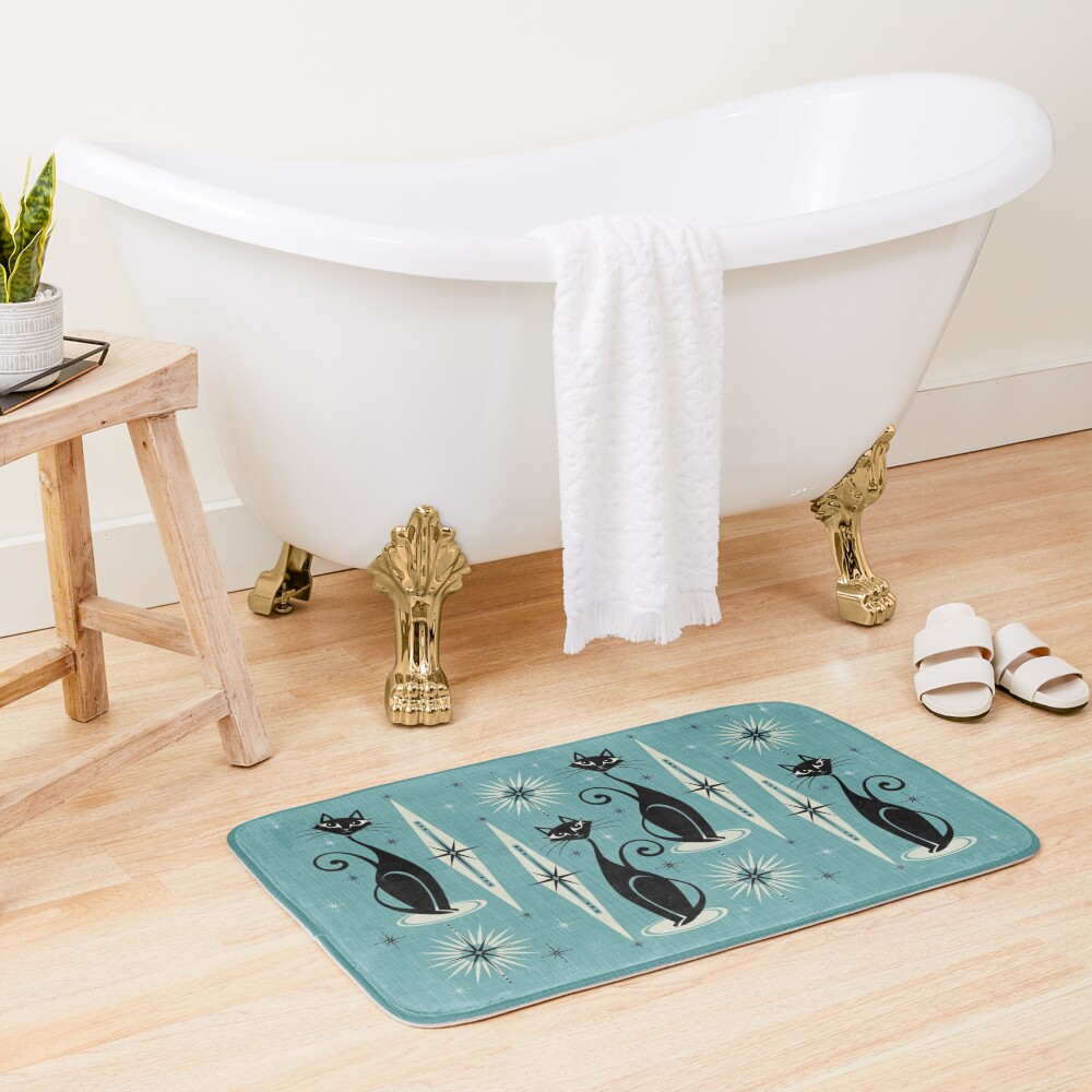 Discover Mid Century Meow on Blue - Large Scale | Bath Mat