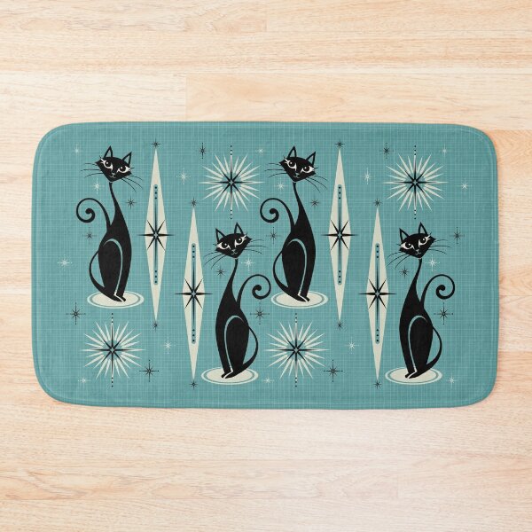 Discover Mid Century Meow on Blue - Large Scale | Bath Mat