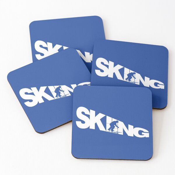 Item preview, White Skiing Text with Blue Silhouette Downhill Skier on Blue Background designed and sold by Karen McFarland.