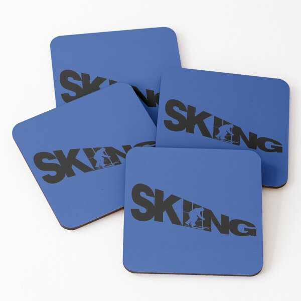 Item preview, Black Skiing Text with Blue Silhouette Downhill Skier on Blue Background designed and sold by Karen McFarland.