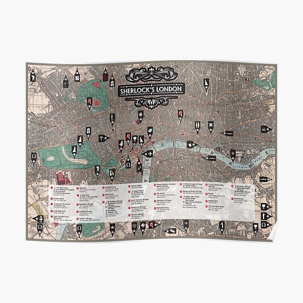 Sherlock's London. Carte de tous les lieux littéraires londoniens tirés des romans de Sherlock Holmes .. Poster