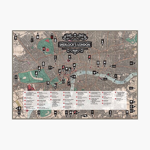 Sherlock's London. Map of all the London literary locations from the Sherlock Holmes novels.. Photographic Print