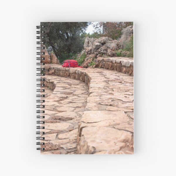 Artikel-Vorschau von Red tourist backpack lying on stone steps with trees and large stones in the background, designt und verkauft von Emma Grimberg.