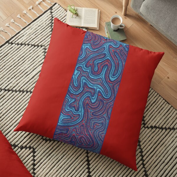 Stitches - Coral (embroidery in blue and red) Floor Pillow
