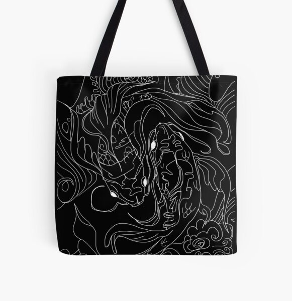 Minimalist Zen Japan Koi Fish Waves and Clouds (BLACK) - "Make Peace With Yourself" All Over Print Tote Bag