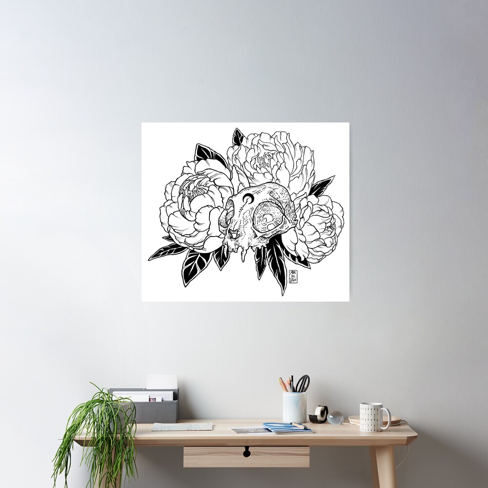 Cat Skull with Peonies - Black Line Poster