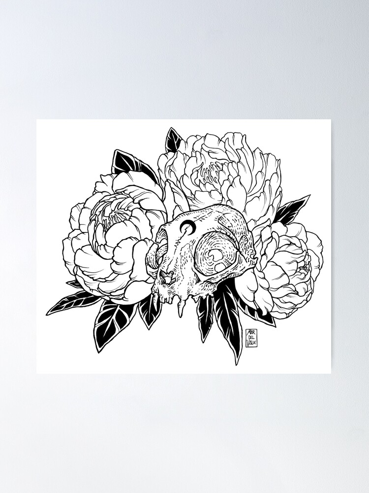 Alternate view of Cat Skull with Peonies - Black Line Poster