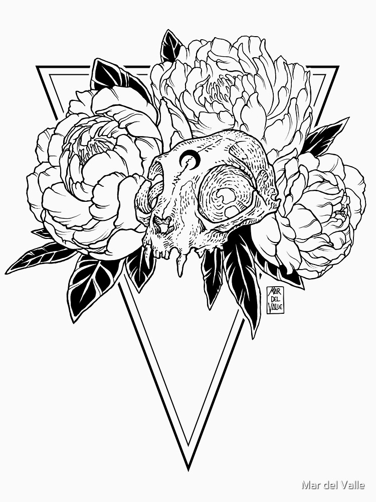 Thumbnail 7 of 7, Classic T-Shirt, Cat Skull with Peonies - Black Line designed and sold by Mar del Valle.