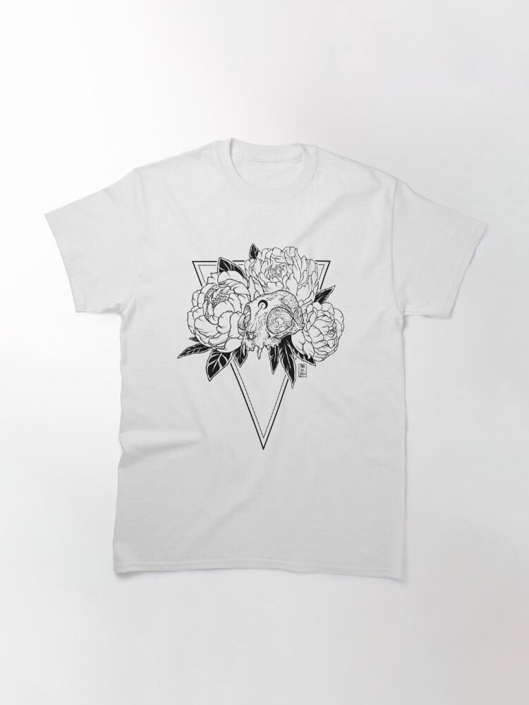 Classic T-Shirt, Cat Skull with Peonies - Black Line designed and sold by Mar del Valle