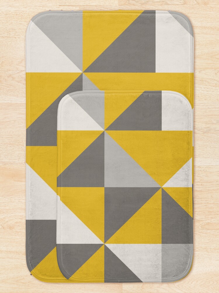 "Retro Triangle Design in Yellow and Grey" Bath Mat for Sale by