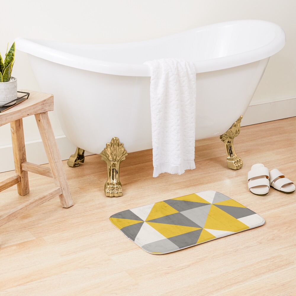 "Retro Triangle Design in Yellow and Grey" Bath Mat for Sale by
