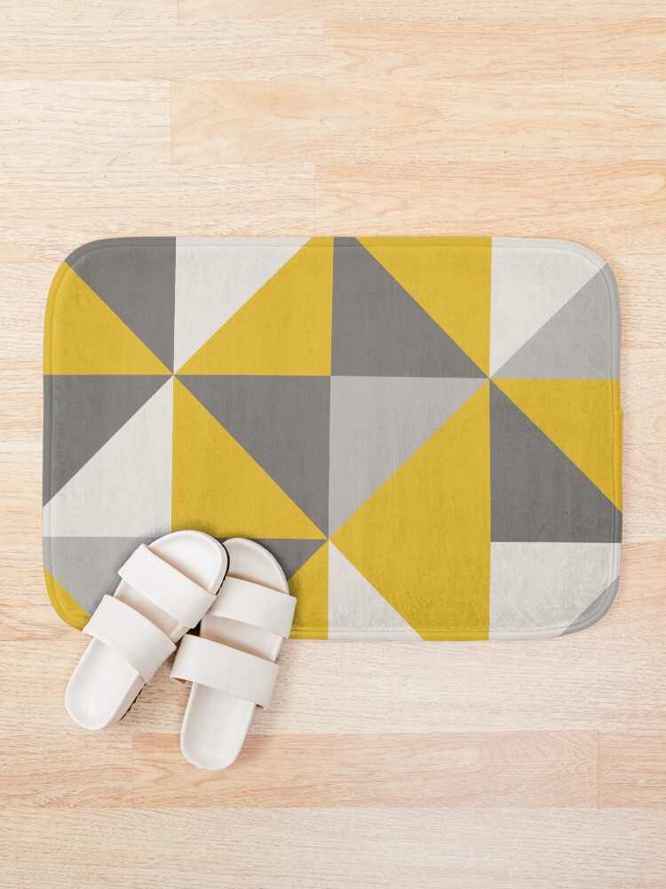 "Retro Triangle Design in Yellow and Grey" Bath Mat for Sale by
