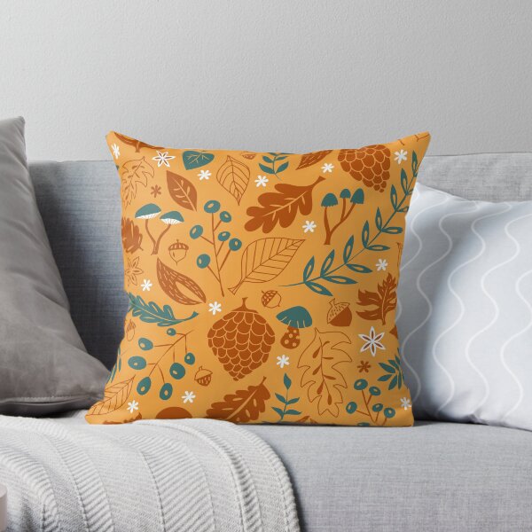 Fall Foliage with Acorns + Mushrooms Throw Pillow