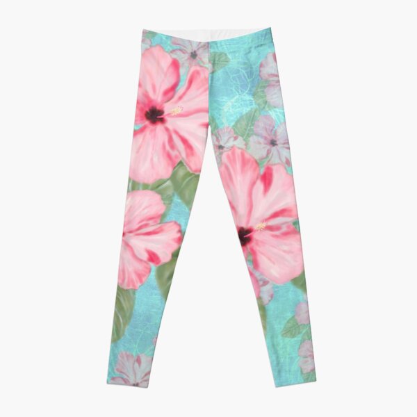 Tropical Hibiscus Floral Print Pink and Aqua Leggings