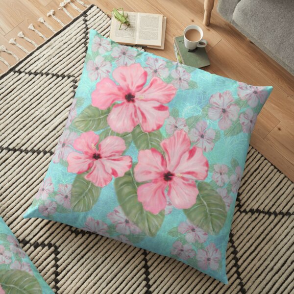 Tropical Hibiscus Floral Print Pink and Aqua Floor Pillow