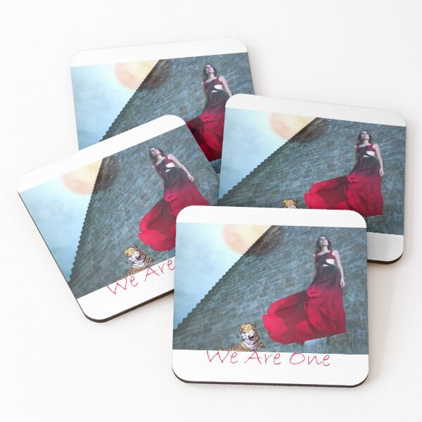Item preview, WE ARE ONE (Beautiful Red Dress Lady and American Golden Jaguar on a Step Pyramid) by ACCI designed and sold by VanyssaGraphics.