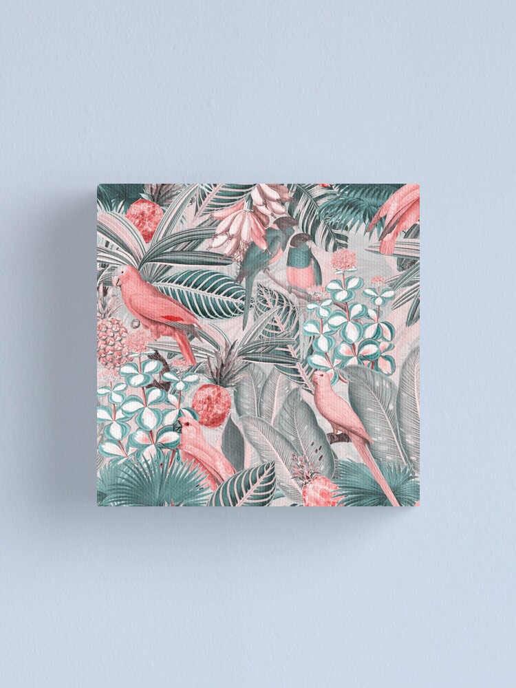 Alternate view of Redouté tropical birds jungle flowers pattern sepia pink Canvas Print