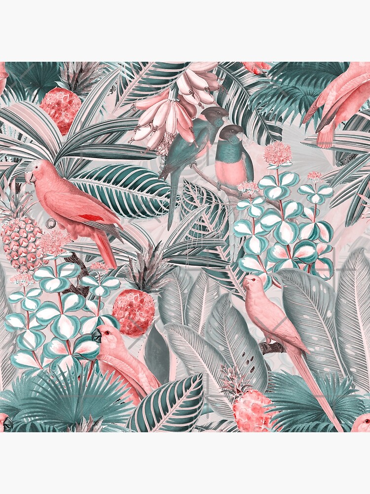 Redouté tropical birds jungle flowers pattern sepia pink by UtArt