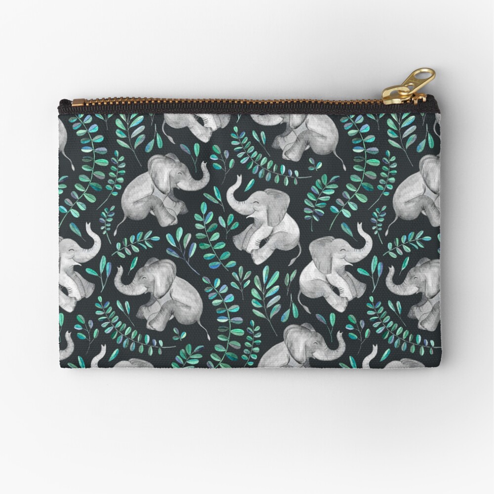 Laughing Baby Elephants – emerald and turquoise Zipper Pouch