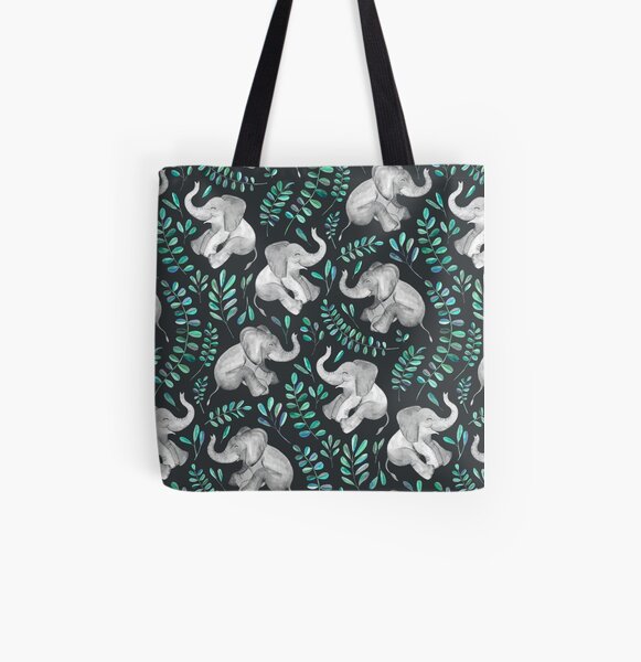 Laughing Baby Elephants – emerald and turquoise All Over Print Tote Bag
