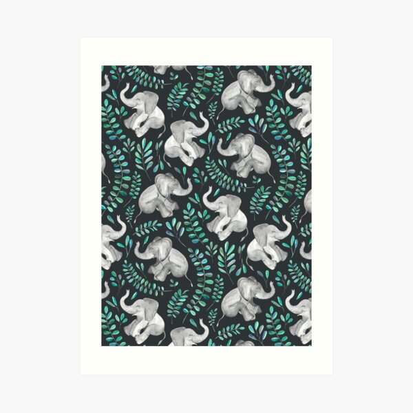 Laughing Baby Elephants – emerald and turquoise Art Print