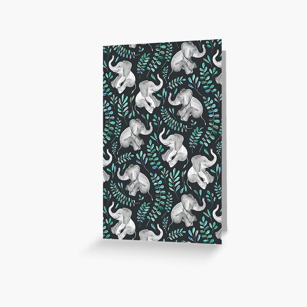 Laughing Baby Elephants – emerald and turquoise Greeting Card