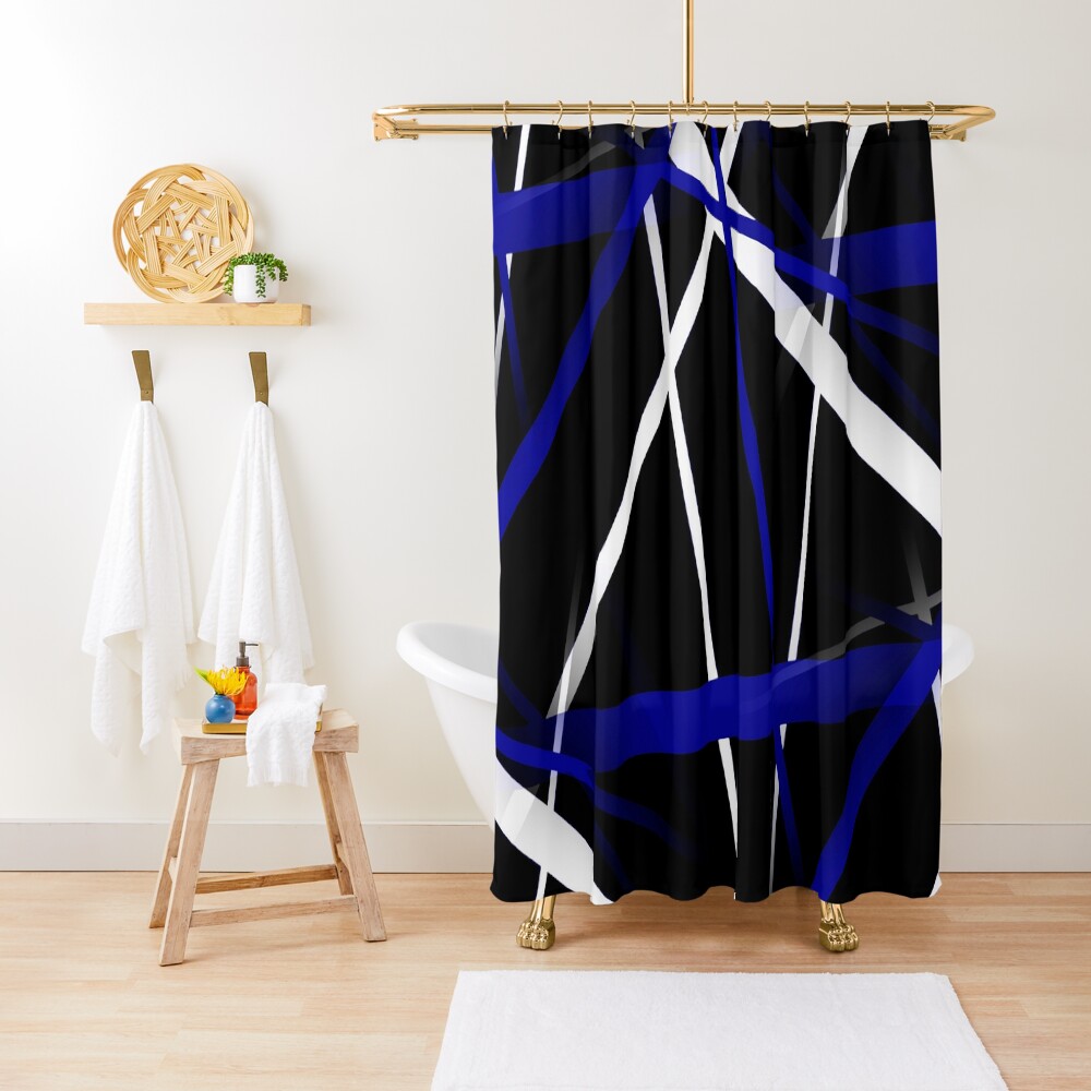 Seamless Abstract Royal Blue and White Lines On Black Pattern Shower Curtain